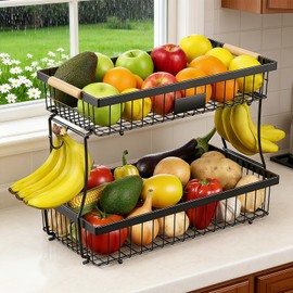 VANZBON 2 Tier Fruit Basket for Kitchen Counter,Wire Tiered Fruit Stand with Hangers&Handle,Corner Vegetable Rack,Two Tier Kitchen Basket For Fruits,Veggies,Snacks,Onions,Black