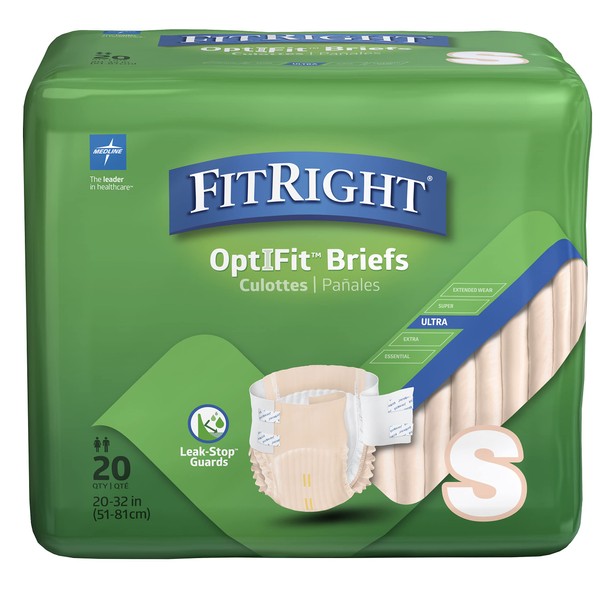FitRight Ultra Adult Diapers, Disposable Incontinence Briefs With Tabs, Heavy Absorbency, Small, 20"-33", 4 Packs Of 20 (80 Total)