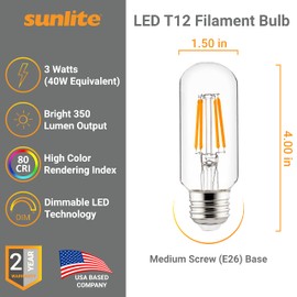 Sunlite 80892 LED Filament T12 Tubular Light Bulb, 3 Watts (40W Equivalent), 350 Lumens, ETL Listed, 100 mm, Medium E26 Base, Dimmable, 1 Pack, 2700K-Warm White