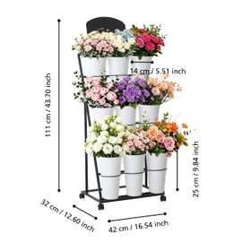 Bloom Bar Flower Cart Flower Bar Stand Flower Cart with Wheels | Made of metal, featuring a three-tier design, comes with 9 vases, lockable casters, a dry-erase board, and a marker pen