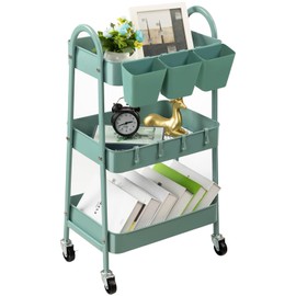 danpinera 3-Tier Rolling Cart, Utility Cart Mobile Metal Rolling Storage Cart with Lockable Wheels & Hanging Cups & Hooks for Kitchen, Bathroom, Office, Workshop, Green