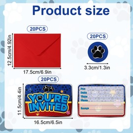 20pcs Birthday Party Invitations, Funny Cartoon Birthday Card with Envelopes Stickers Cute Dog Paw Invitation Cards Theme Party Decor Supplies for Girls Boys