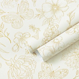 Heroad Peel and Stick Wallpaper Floral Contact Paper Modern White Beige and Gold Butterfly Removable Wall Paper for Bedroom Bathroom Cabinets Vinyl Roll Self-Adhesive Waterproof 17.3" x 197"