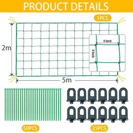 Trellis Net for Climbing Plants, 2 m x 5 m Trellis Net for Cucumbers, Tomatoes Trellis for Climbing Plants, Trellis Net Greenhouse, Trellis Net Accessories, with 25 Greenhouse Clips and 50 Plant Ties