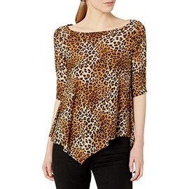 Star Vixen Women's Petite Elbow-Cinch Sleeve Hanky Hem Top, Leopard Print, PL