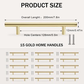 YZROHYI Pack of 15 Gold Kitchen Door Handles, Stainless Steel Bar Handles, Door Handles, Drawer Handles, Cabinet Handles, Vintage Furniture Handles with Screws, Cabinet Door Handles, Long, Rail