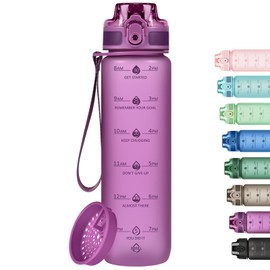 Alwager 32oz Motivational Water Bottles with Time Marker & Fruit Strainer, Single Color Water Bottle with Times to Drink, Leakproof & BPA Free, Reusable Plastic Bottle with Strap (No Straw)