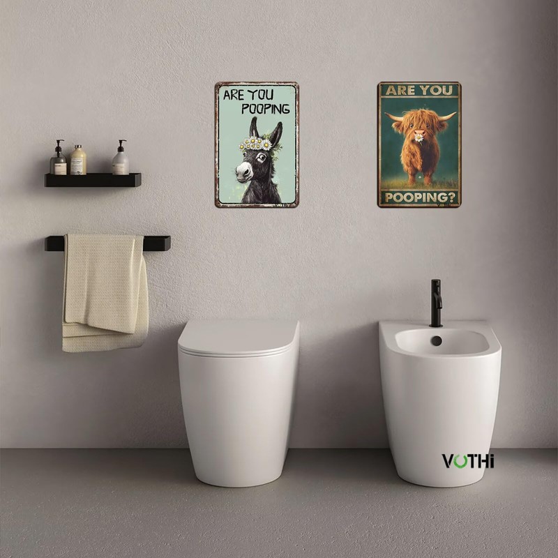 VOTHI Highland Cow Tin Signs ; Are You Pooping;Funny Bathroom