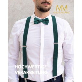 Massi Morino Braces with Bow Tie Set for Men and Women, Y-Shape Straps Elastic with Extra Strong Clips, 3.5 cm Wide, Adjustable Length, Pre-Tied Tie for Suit, dark green