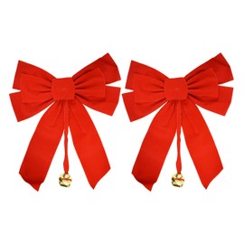 Set of 2 Large Red Velvet Christmas Bows with Dangling Metal Bell - Measures - 10" x 15" Indoors Only