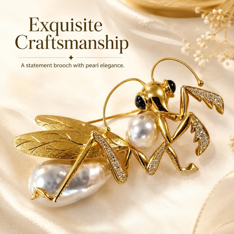 Gold Mantis Brooch, Pearl Clear Crystal Insect Lapel Pin