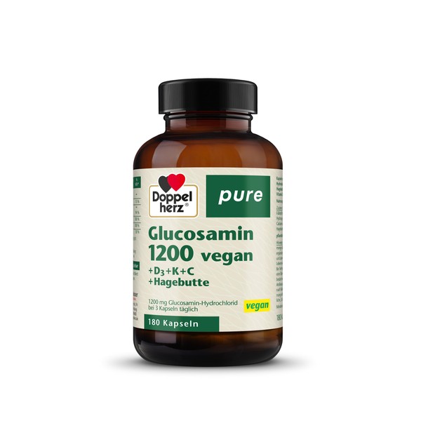 Doppelherz Pure Glucosamine 1200 Vegan - Plus Rosehip Extract, Vitamin D3 and K2, Copper and Calcium - 180 Capsules