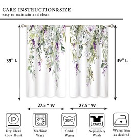 oolygoo Eucalyptus Botanical Leaves Purple Floral Kitchen Window Curtains Flower Plant Leaf Small Window Treatment Sage Green Cafe Short Curtains for Bathroom Treatment Tier Drapes 27.9x39 inch