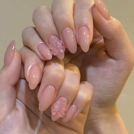 Ceboic 3D Handmade Press on Nails, French Nails for Gluing with Charms, Medium Almond Artificial Nails, Nude Pink Bow Artificial Nails, Full Cover False Nails for Women Girls, Pack of 24