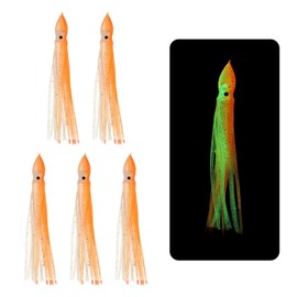YELARXI Fishing Squid Skirts Glow Soft Plastic Trolling Lures, 12cm/5 Inch Luminous Fit for Bass Trout Salmon Saltwater Fishing Bait (5Pcs, Clear Orange)
