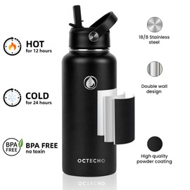 OcTecho Insulated Water Bottles 1L,Stainless Steel Water Bottle, Flasks Water Bottles with Straw, Double Vacuum Metal Water Bottles for 12h Hot & 24h Cold Drinks, 2 Leakproof Lids, BPA Free-Black