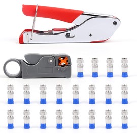 Flytuo Coax Cable Crimper Kit, F-Type Compression Crimping Tool with 20pcs Crimp Connectors Tool and Rotary Coaxial Cable Cutter for RG-58, RG-59, RG-62