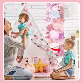 2 Pcs Guardar Peluches, Bolsa de Almacenamiento de Juguetes, Almacenamiento por Niveles, Almacenamiento Plegable, Cestas Almacenamiento Malla para Colgar en Habitación Los Niños (Rosa)