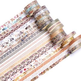 Songdao 20 Rolls Skinny Vintage Washi Tape Set Retro Arts Adhesive Tapes Basic Patterns Decorative Masking Tape Sets for Craft, Kids, Scrapbook, DIY, Gift Wrapping (Ephemeral Blossoms)