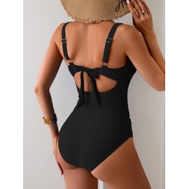 Eomenie Women's One Piece Swimsuit Tummy Control Ruched Bathing Suit Cutout V Neck Swimwear High Cut Tie Back Swim Suit Black