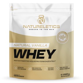 NATURELETICS Vanilla 1 kg natural premium whey protein from Germany without added sugar, sweeteners and artificial flavours, protein powder with a high BCAA content of 22.6%