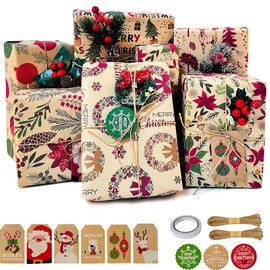 Christmas Wrapping Paper, 6 Sheets Xmas Wrapping Paper Set with Tags Stickers and Paper Rope, Gift Wrapping Paper Recycled Kraft Paper for Christmas, Arts, Crafts Decorations