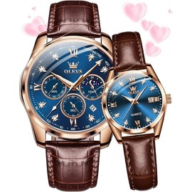 欧利时OLEVS Brand OLEVS Valentines Couple Pair Quartz Watches His and Her Couple Set Leather Chronograph Diamond Wrist Watch Men Women Lovers Wedding Romantic Gifts Set of 2 - Color: B: Brown leather strap & Blue dial