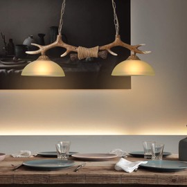 Cbhfmljd Retro Deer Horn Chandelier, Resin Pendant Light Antler Hanging Ceiling Lamp Fixture 2 Light Sunset Glass Shades Vintage Style Chandelier for Living Room Bar Cafe Dining Room Indoor Decorative
