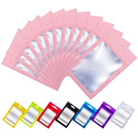 Rimiko 50pcs Mylar Ziplock Mylar Bags with Clear Window, Aluminum Foil Sample Bags, Resealable Pouch for Packaging and Food Storage (Pink, 4.1"x5.9")