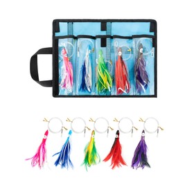 BLUEWING 5 Pack Tuna Feather Squid Lure Set Fishing Teaser with 4in Feathered Trolling Octopus and Stainless Steel Hook for Mahi Wahoo Marlin Big Game