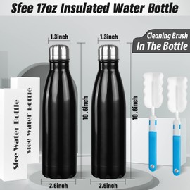 Sfee Insulated Water Bottle, 17oz Stainless Steel Water Bottles, Double Wall Vacuum Reusable Water Bottles Leak Proof BPA-FREE Sports Bottle Cup Keep Hot&Cold for Running Gym Cycling Kids(Black+Black)