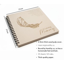 Handbound Memorial Memory Book & Condolence Guest Book for Funeral – Engraved Feather Design