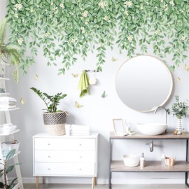 WAFT YEARN Leaf White Flower Wall Decal Ivy Vine Creeper Climber Trailing Plant Wall Sticker Green Leaves Butterfly Wall Decor for Nursery Kid'sroom Classroom Livingroom Bedroom Bathroom Decoration