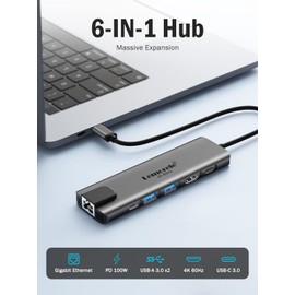 Lemorele USB C Hub HDMI, 6 in 1 USB C Hub with Gigabit Ethernet, 4K @ 60Hz HDMI, 2 x USB 3.0 & USB C 3.0 Port, 100 W PD Charging, USB C Docking Station Compatible MacBook, Laptop, PC, Windows, XPS