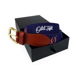 Swig Sip Needlepoint Golf Belt for Men - Flat Brass Buckle Leather Backing Non-Stretch Golf Accessory Durable Country Club Design (Navy, 36 Belt (Fits size 34 pants))