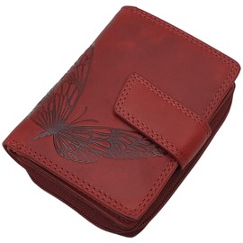 Small Genuine Cowhide Leather Women's Wallet / Purse / Purse in Portrait Format with Butterfly Motif or without Motif with RFID & NFC Protection, wild berry, Modern