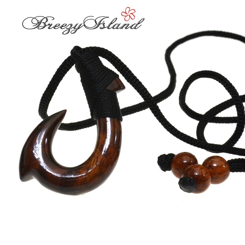 BreezyIsland Hawaiian Accessories Koa Wood Pendant Fish Hook, Wood