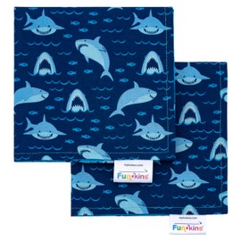 Funkins Reusable Cloth Napkins for Kids | 2-Ply, Thick, Absorbent, Durable | Machine Washable for Easy Care | Name Tag | Soft Cotton | Great for School Lunchboxes | Set of 2 Napkins | Sharks