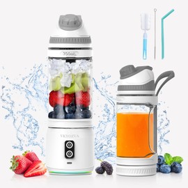 VKYOZVA Portable Blender cordless, 24oz Blender Cup Sporty Bottle with Sip Spout, Travel blender for Shakes and Smoothies, USB-C Rechargeable, Mini Small Blenders (White Gray)