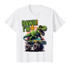 Kids Rawr I'm 4 T Rex 4th birthday Boys Dinosaur Monster Truck T-Shirt