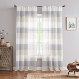 Vision Home Striped Sheer Curtains Grey and Tan Color Block Farmhouse Window Panels 63 inch Length Linen Rustic Light Filtering Drapes for Living Room Rod Pocket,40" Wx63 Lx2, Pattern Match