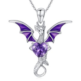 LONAGO Dragon Necklace for Women 925 Sterling Silver Dragon with Heart Shaped Birthstone Pendant Necklace (February)