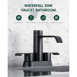 Matte Black Bathroom Sink Faucet - HEISOK 4 Inch Waterfall Bathroom Faucet with Overflow Pop Up Drain & Supply Hose, Stainless Steel 2 Handles Centerset Lavatory Vanity Bath Faucet for 2 or 3 Hole