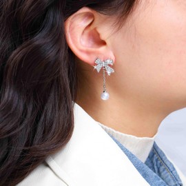 Inilbran Boho Crystal Bow Earrings Vintage Rhinestone Bow Earrings Silver CZ Bowtie Stud Earrings Long Pearl Chain Dangle Earrings Jewelry for Women and Girls