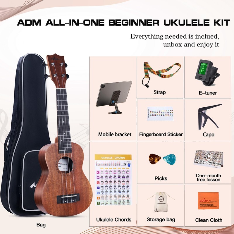 ADM Soprano Ukulele Beginner Kit Mahogany Hawaiian Wood Ukelele Bundle