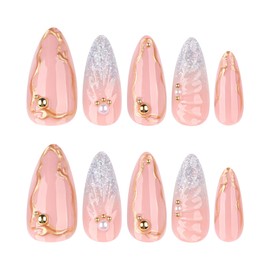 RUOKEXIN Almond Press on Nails Medium Length Fake Nails Glitter Ombre False Nails with 3D Designs Fall Nail Press ons Sparkly Artificial Nails Acrylic Glue on Nails Cute Stick on Nails for Women 24Pcs