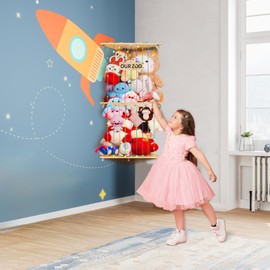 Corner Stuffed Animal Storage Toy Storage Organizer DIY Rainbow Elastic Rope Plushies Storage W/ Hook/ Colorful Light Adjustable Hight Double layer Stuffed Multifunctional Storage for Nursery Bedroom