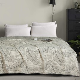 NTBAY 3 Layers Cotton Muslin 88x92 Queen Bed Blanket, Super Soft Breathable Thermal Yarn Dyed Quilt for Adults, Perfect Lightweight Blanket for Couch Sofa Bed All Seasons, Dark Grey Leaf