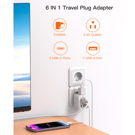 2 Pack European Travel Plug Adapter Foldable European Plug Adapter with 2 AC Outlets 3 USB Ports(2 USB C)