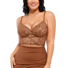 Popilush Womens Lace Push Up Bra Deep V Neck Bralette Brown Bustier Top Corset Tops with Underwire Going Out Outfits